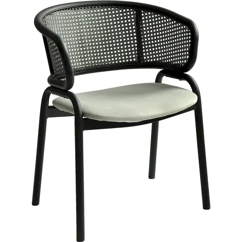 Chaise de salle à manger moderne capitonnée avec dossier en rotin et pieds en fer noir
