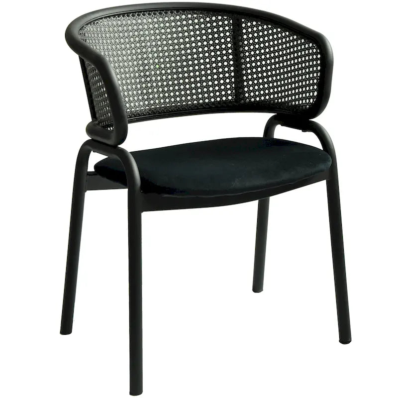 Chaise de salle à manger moderne capitonnée avec dossier en rotin et pieds en fer noir