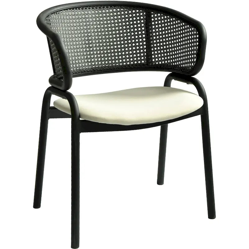 Chaise de salle à manger moderne capitonnée avec dossier en rotin et pieds en fer noir