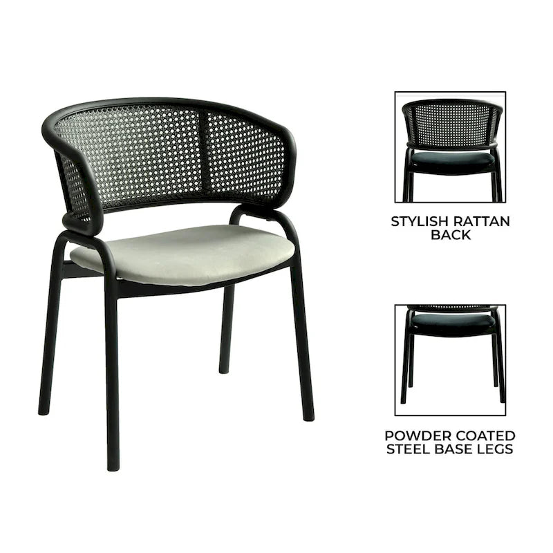 Chaise de salle à manger moderne capitonnée avec dossier en rotin et pieds en fer noir