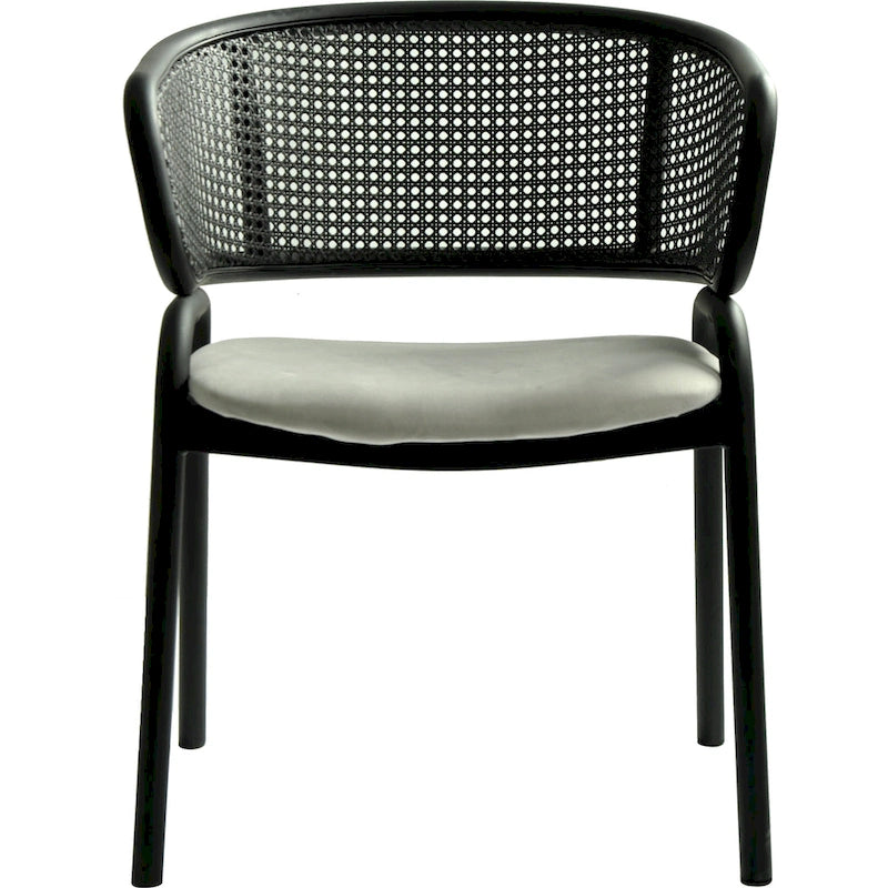 Chaise de salle à manger moderne capitonnée avec dossier en rotin et pieds en fer noir