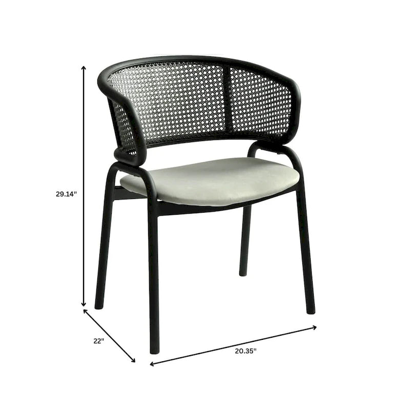 Chaise de salle à manger moderne capitonnée avec dossier en rotin et pieds en fer noir