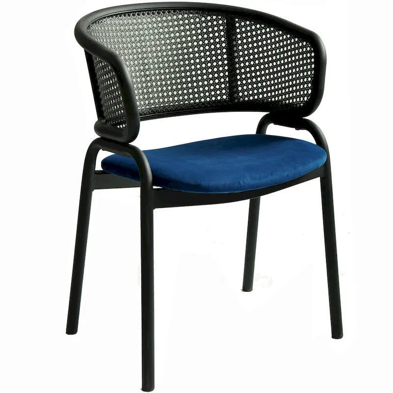 Chaise de salle à manger moderne capitonnée avec dossier en rotin et pieds en fer noir
