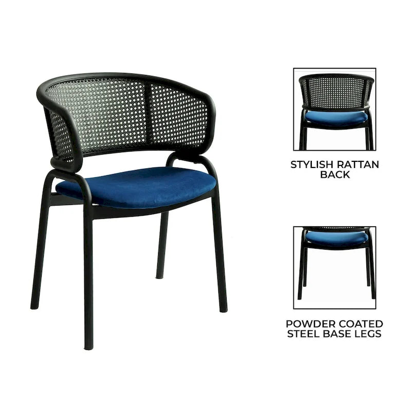 Chaise de salle à manger moderne capitonnée avec dossier en rotin et pieds en fer noir