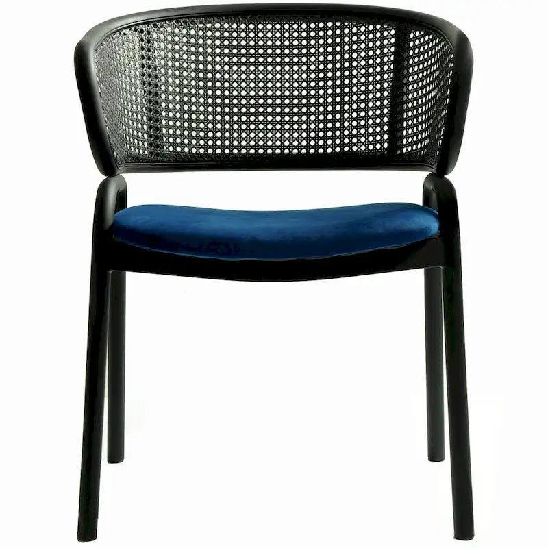 Chaise de salle à manger moderne capitonnée avec dossier en rotin et pieds en fer noir