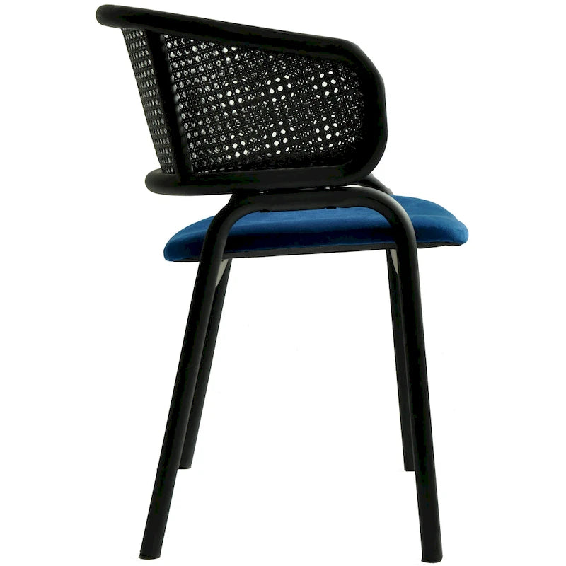 Chaise de salle à manger moderne capitonnée avec dossier en rotin et pieds en fer noir