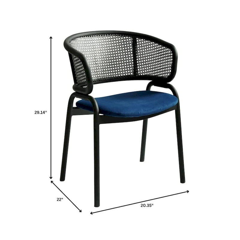 Chaise de salle à manger moderne capitonnée avec dossier en rotin et pieds en fer noir