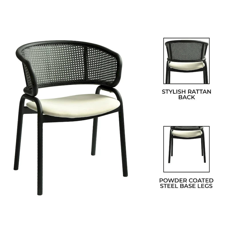 Chaise de salle à manger moderne capitonnée avec dossier en rotin et pieds en fer noir
