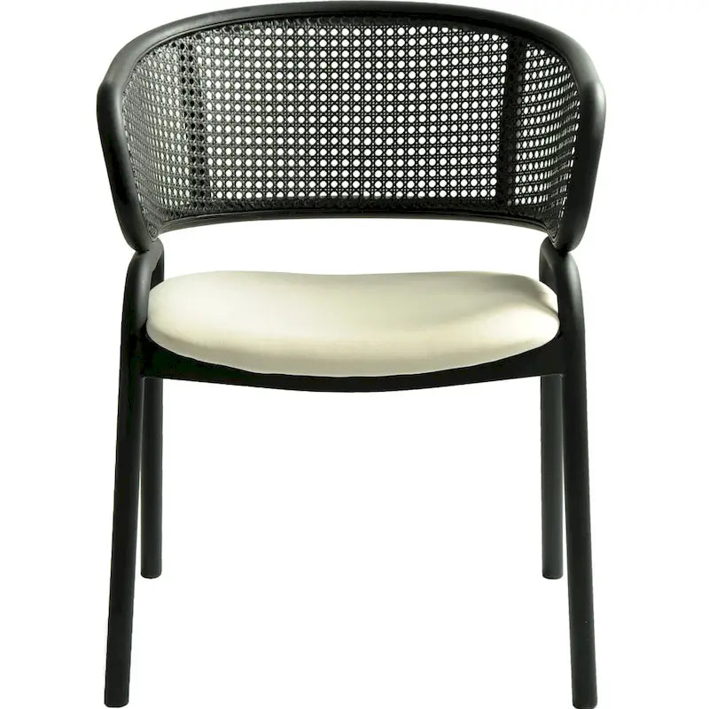 Chaise de salle à manger moderne capitonnée avec dossier en rotin et pieds en fer noir