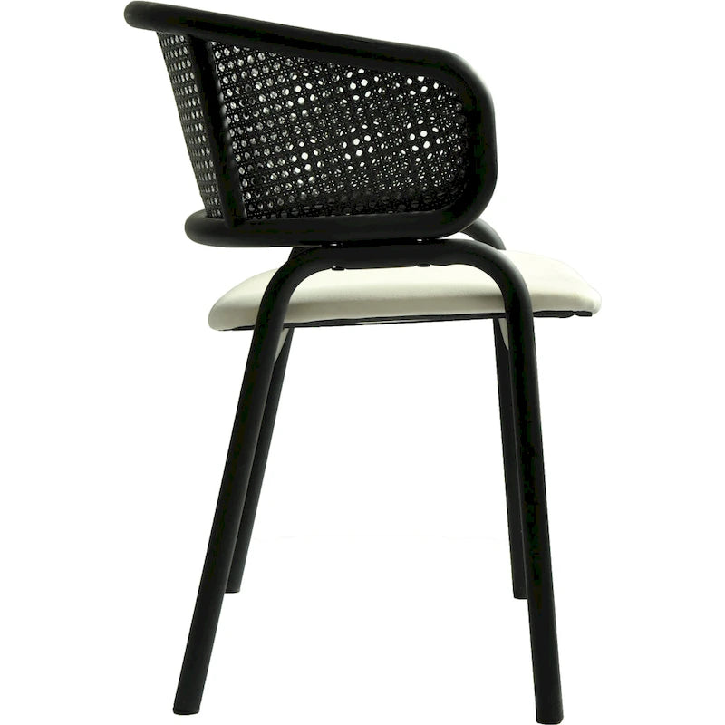 Chaise de salle à manger moderne capitonnée avec dossier en rotin et pieds en fer noir