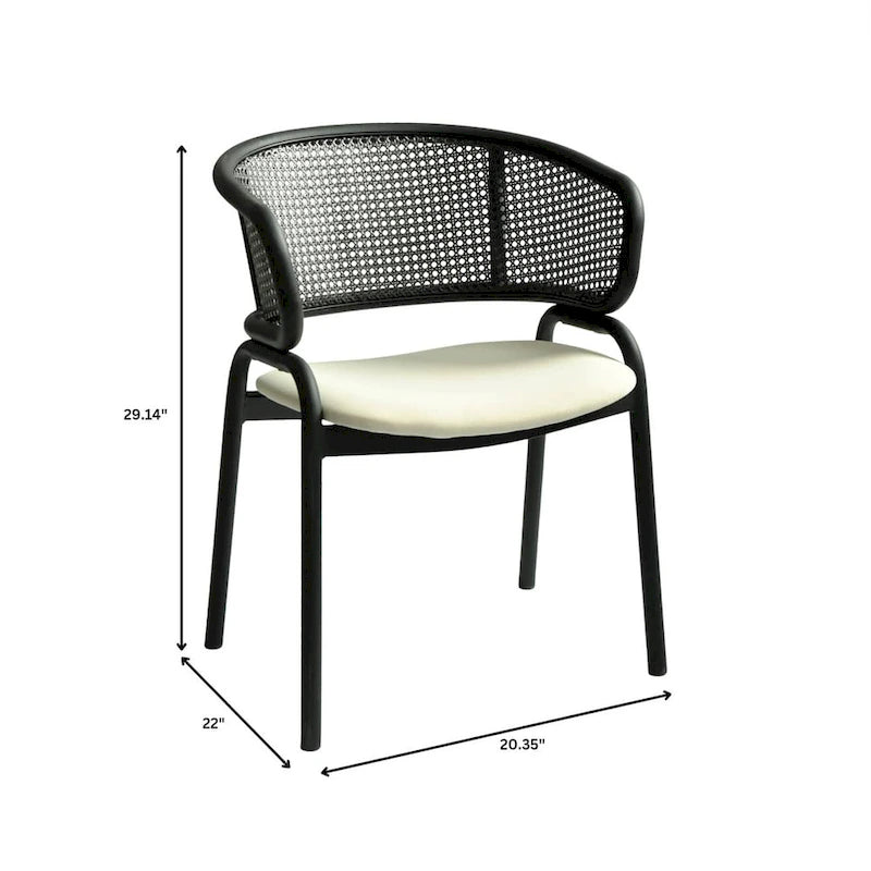 Chaise de salle à manger moderne capitonnée avec dossier en rotin et pieds en fer noir