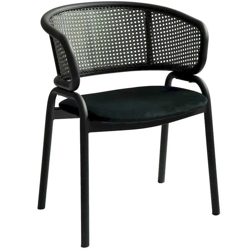 Chaise de salle à manger moderne capitonnée avec dossier en rotin et pieds en fer noir