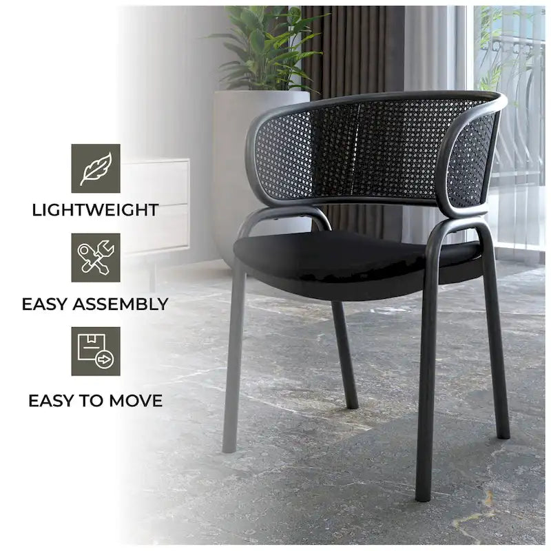Chaise de salle à manger moderne capitonnée avec dossier en rotin et pieds en fer noir