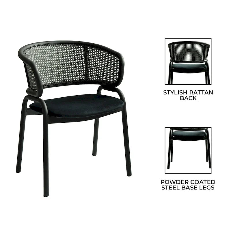 Chaise de salle à manger moderne capitonnée avec dossier en rotin et pieds en fer noir