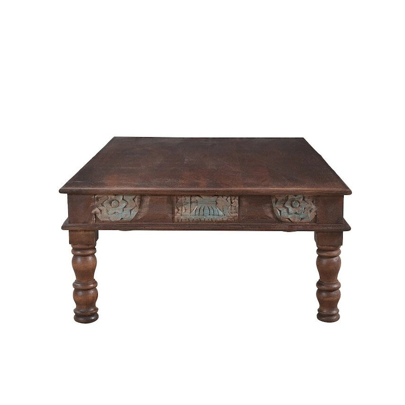 Table basse en bois de manguier recyclé sculpté | Pièce artisanale rustique