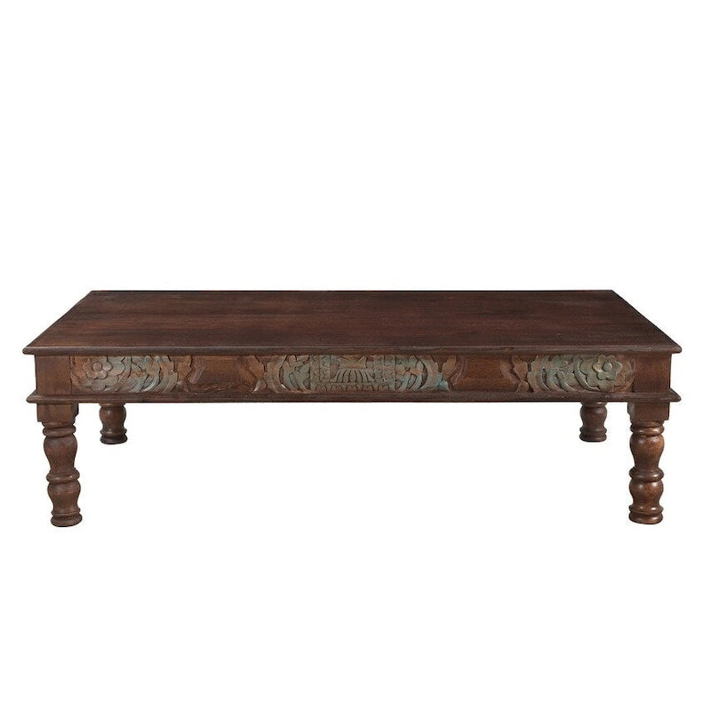 Table basse en bois de manguier recyclé sculpté | Pièce artisanale rustique