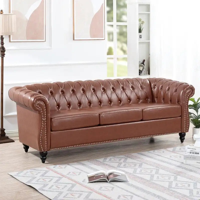 Canapé 3 places Chesterfield de 215 cm avec accoudoirs arrondis, capitonnage et clous décoratifs