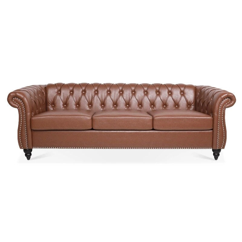 Canapé 3 places Chesterfield de 215 cm avec accoudoirs arrondis, capitonnage et clous décoratifs