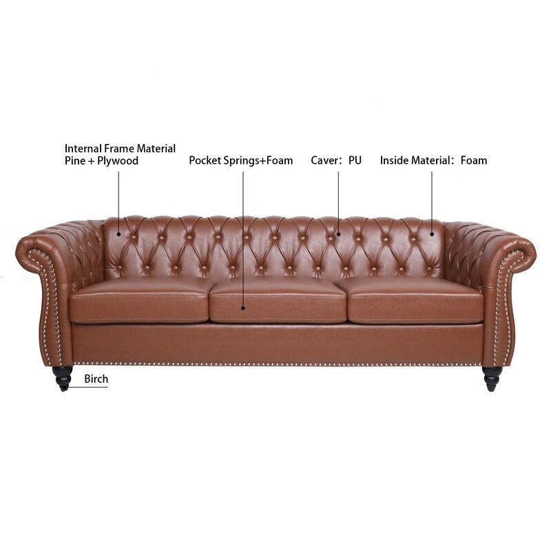 Canapé 3 places Chesterfield de 215 cm avec accoudoirs arrondis, capitonnage et clous décoratifs