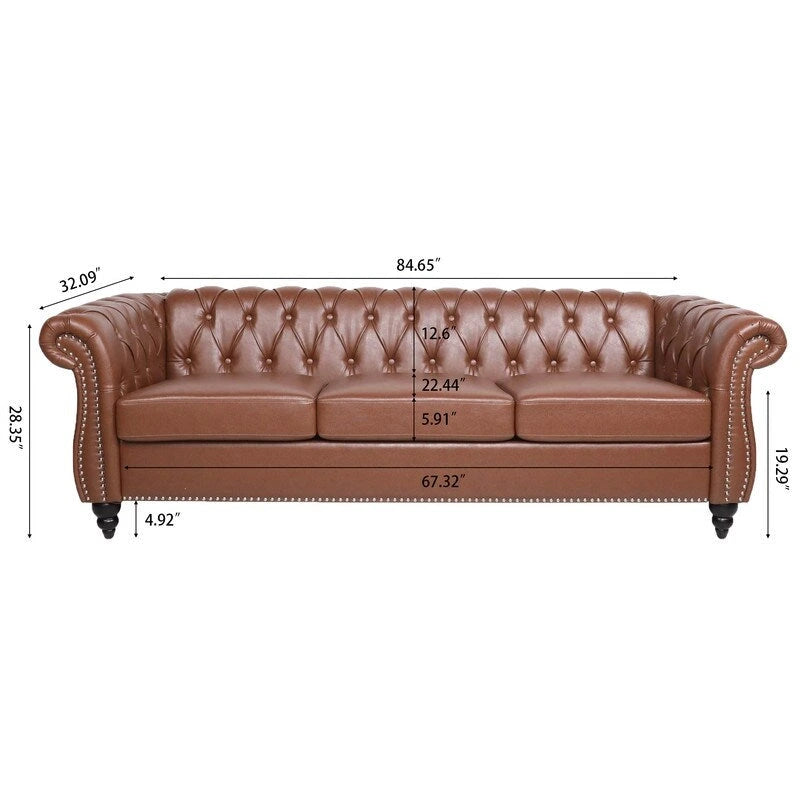 Canapé 3 places Chesterfield de 215 cm avec accoudoirs arrondis, capitonnage et clous décoratifs