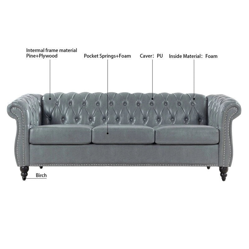 Canapé 3 places Chesterfield de 215 cm avec accoudoirs arrondis, capitonnage et clous décoratifs