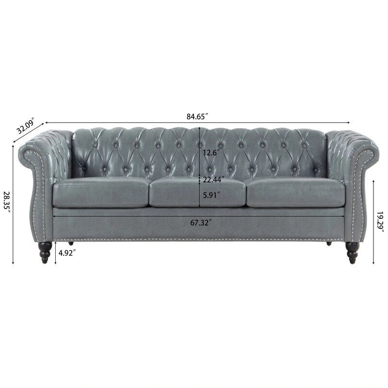 Canapé 3 places Chesterfield de 215 cm avec accoudoirs arrondis, capitonnage et clous décoratifs