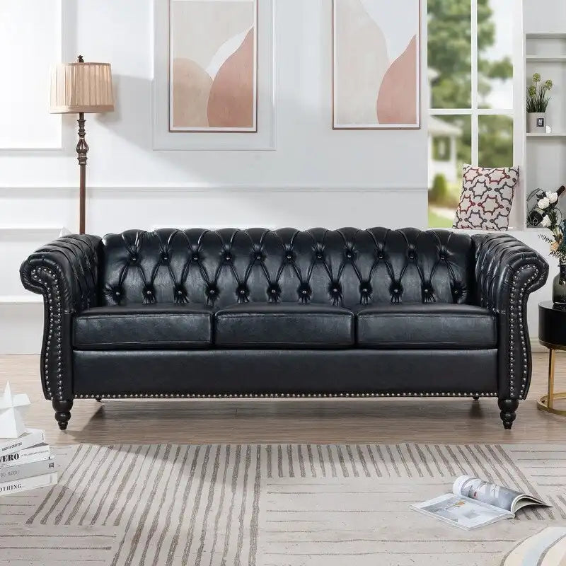 Canapé 3 places Chesterfield de 215 cm avec accoudoirs arrondis, capitonnage et clous décoratifs