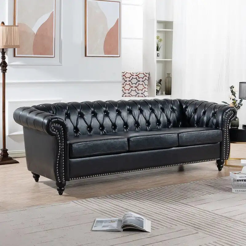 Canapé 3 places Chesterfield de 215 cm avec accoudoirs arrondis, capitonnage et clous décoratifs