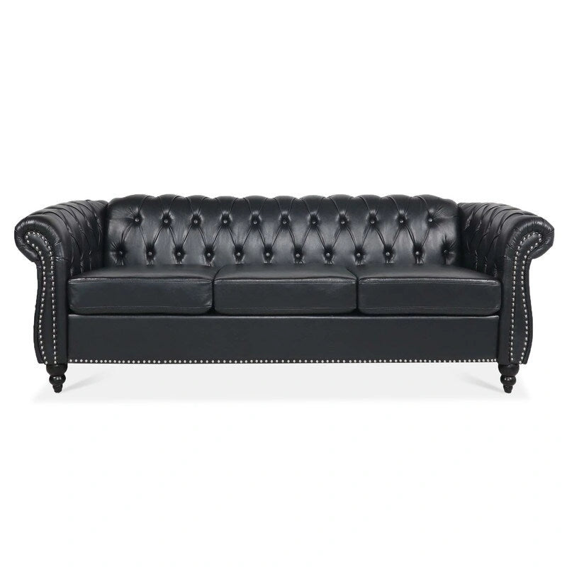 Canapé 3 places Chesterfield de 215 cm avec accoudoirs arrondis, capitonnage et clous décoratifs