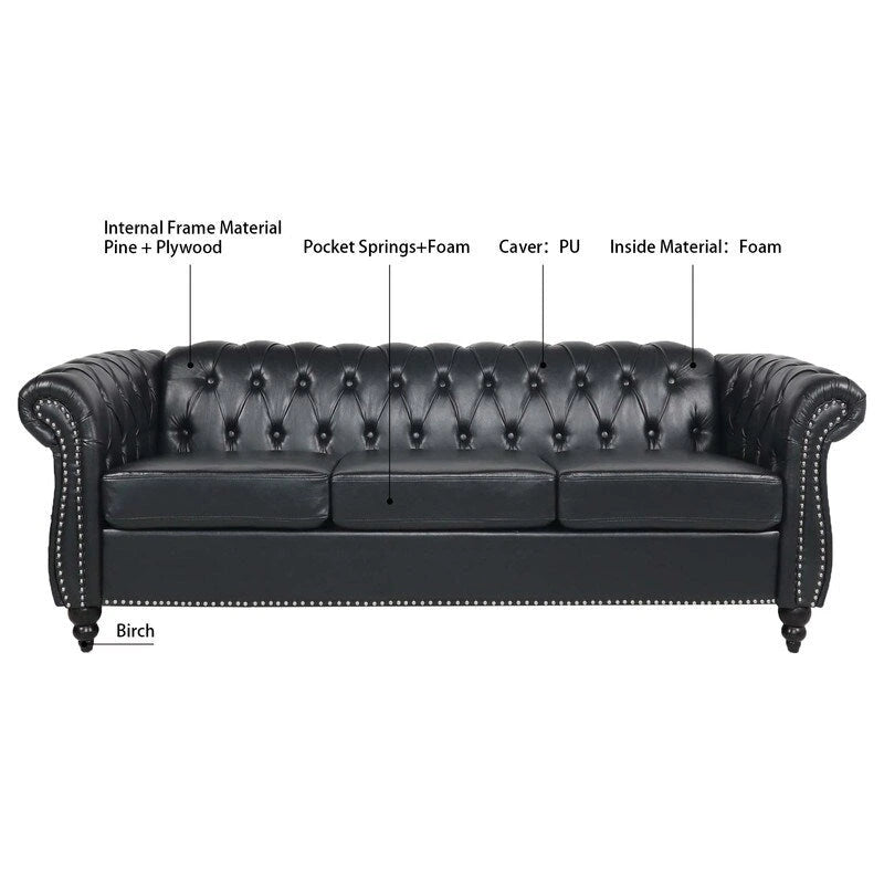 Canapé 3 places Chesterfield de 215 cm avec accoudoirs arrondis, capitonnage et clous décoratifs