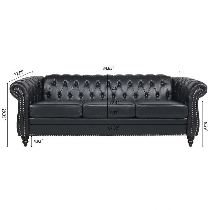 Canapé 3 places Chesterfield de 215 cm avec accoudoirs arrondis, capitonnage et clous décoratifs