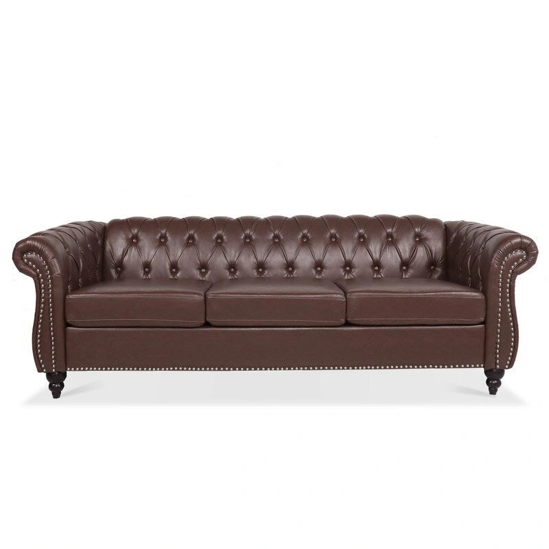 Canapé 3 places Chesterfield de 215 cm avec accoudoirs arrondis, capitonnage et clous décoratifs
