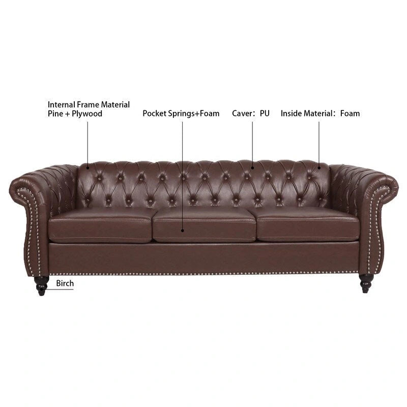 Canapé 3 places Chesterfield de 215 cm avec accoudoirs arrondis, capitonnage et clous décoratifs