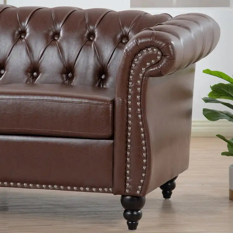Canapé 3 places Chesterfield de 215 cm avec accoudoirs arrondis, capitonnage et clous décoratifs