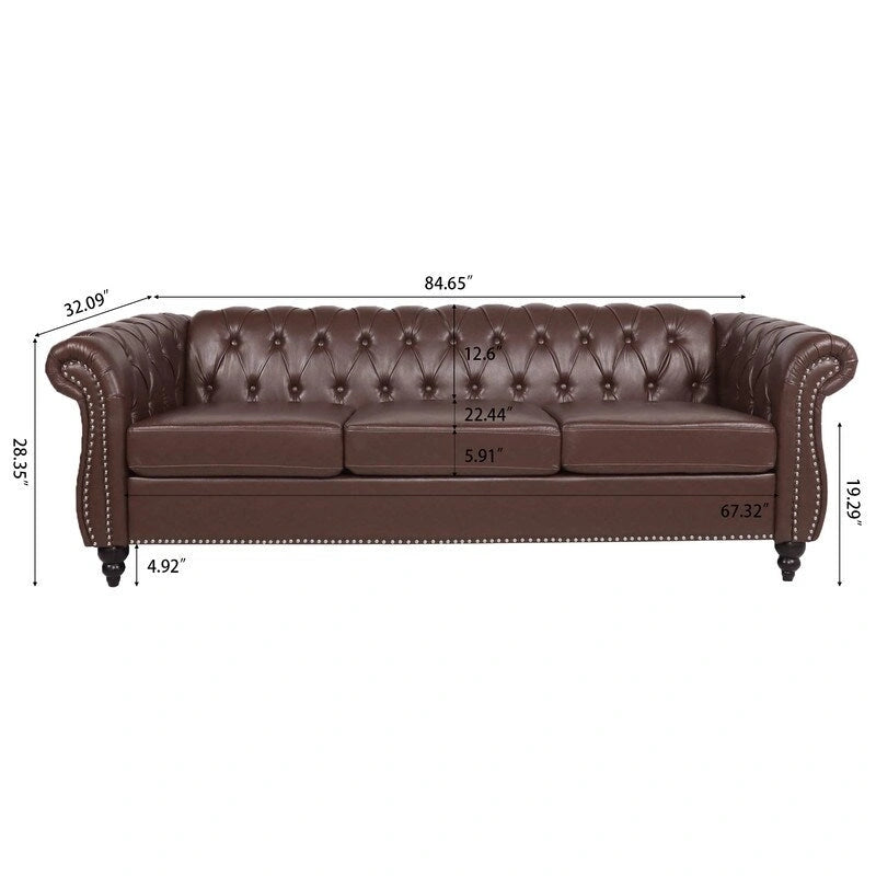 Canapé 3 places Chesterfield de 215 cm avec accoudoirs arrondis, capitonnage et clous décoratifs