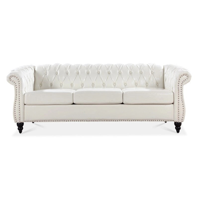 Canapé 3 places Chesterfield de 215 cm avec accoudoirs arrondis, capitonnage et clous décoratifs