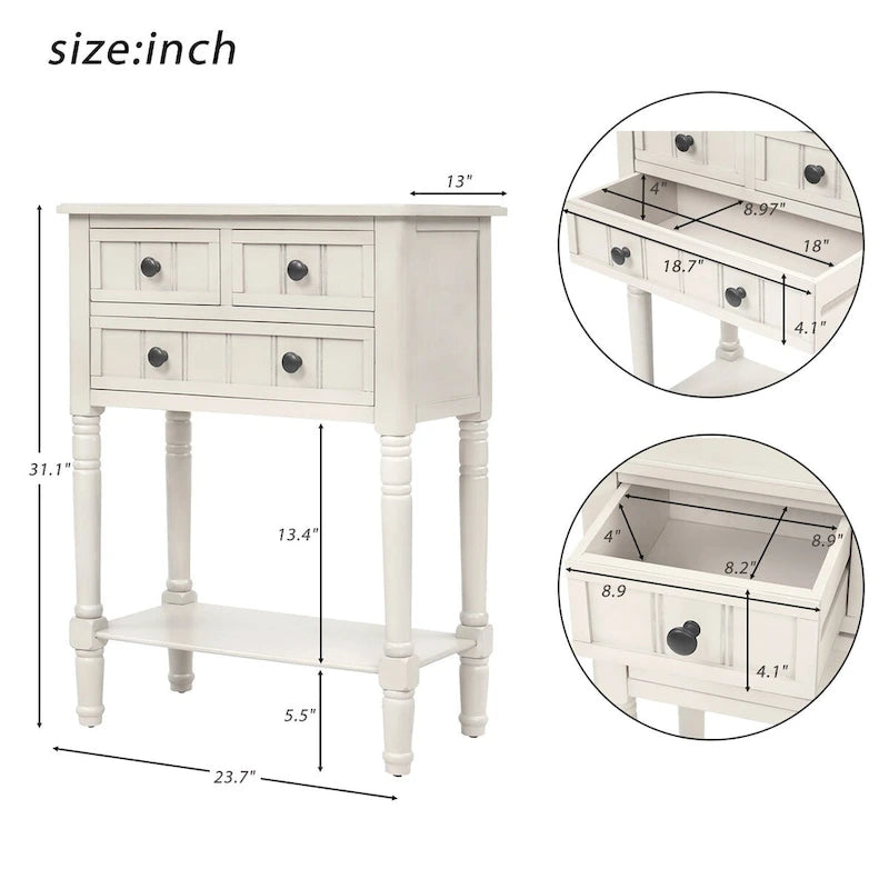 Console de 3 tiroirs en bois massif, finition vieillie, avec étagère inférieure