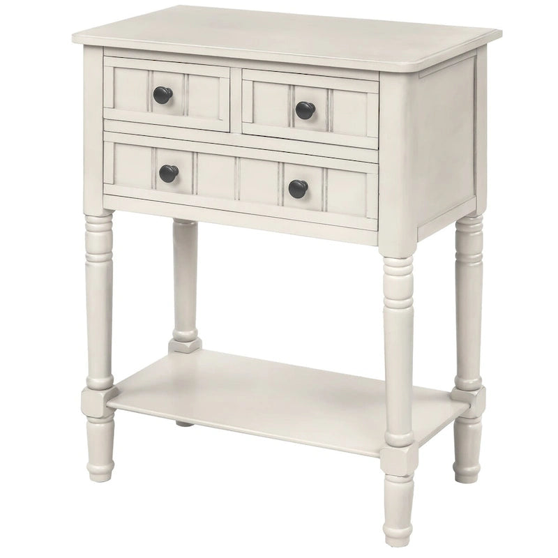 Console de 3 tiroirs en bois massif, finition vieillie, avec étagère inférieure
