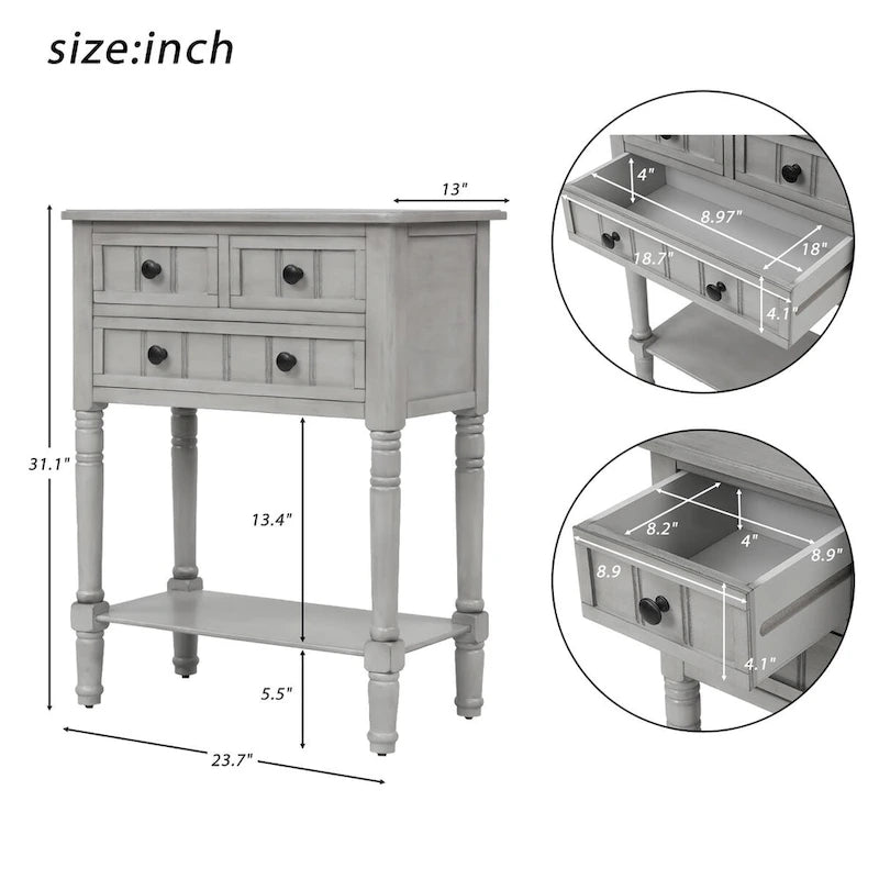 Console de 3 tiroirs en bois massif, finition vieillie, avec étagère inférieure