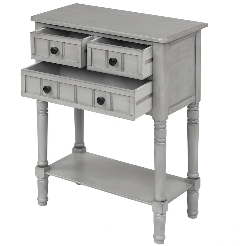Console de 3 tiroirs en bois massif, finition vieillie, avec étagère inférieure
