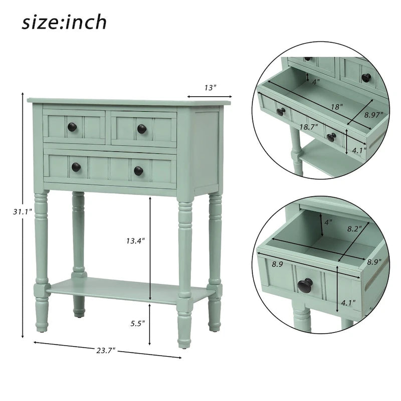 Console de 3 tiroirs en bois massif, finition vieillie, avec étagère inférieure