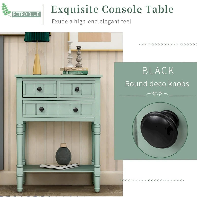 Console de 3 tiroirs en bois massif, finition vieillie, avec étagère inférieure