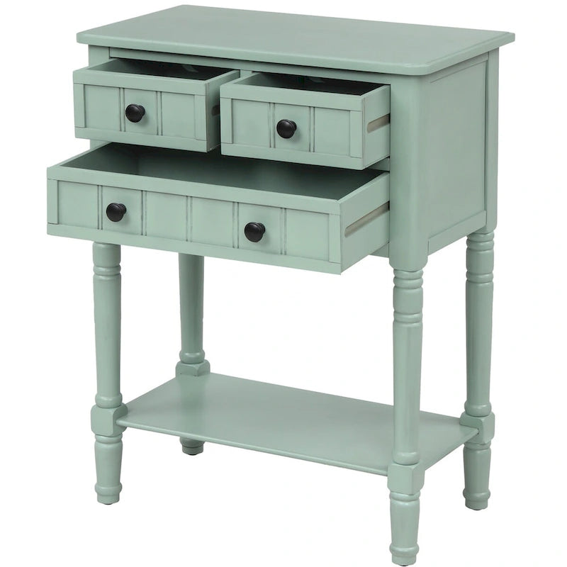 Console de 3 tiroirs en bois massif, finition vieillie, avec étagère inférieure