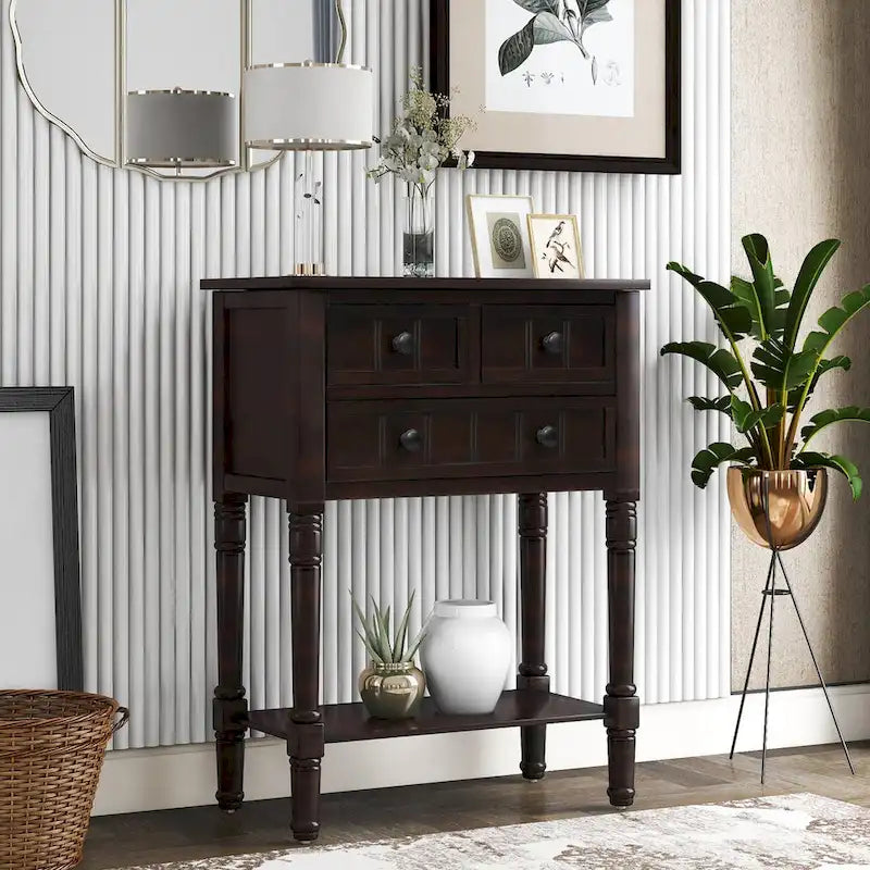 Console de 3 tiroirs en bois massif, finition vieillie, avec étagère inférieure