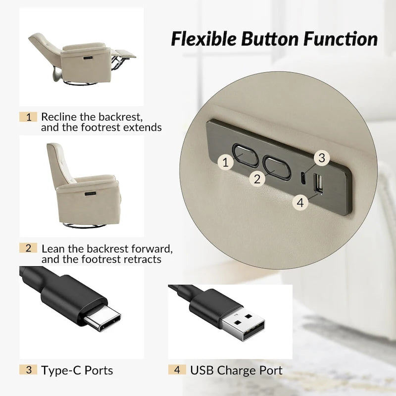 Fauteuil inclinable motorisé pivotant moderne avec port USB et dossier capitonné