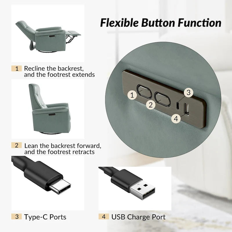 Fauteuil inclinable motorisé pivotant moderne avec port USB et dossier capitonné