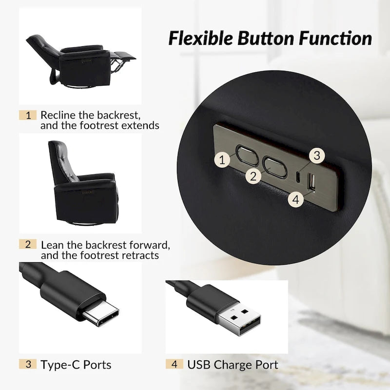 Fauteuil inclinable motorisé pivotant moderne avec port USB et dossier capitonné