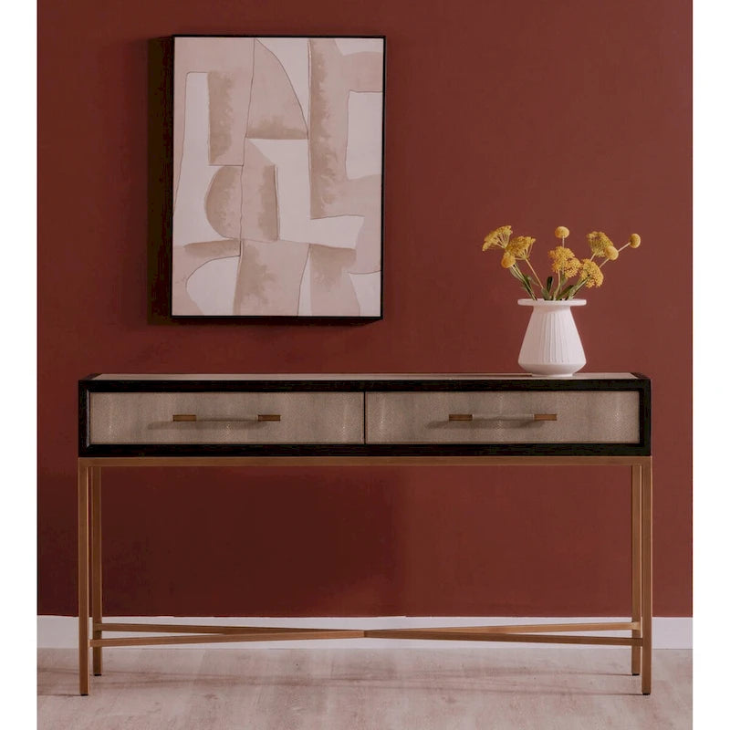 Console Art Déco | Cadre en chêne massif avec accents en laiton et plateau en galuchat