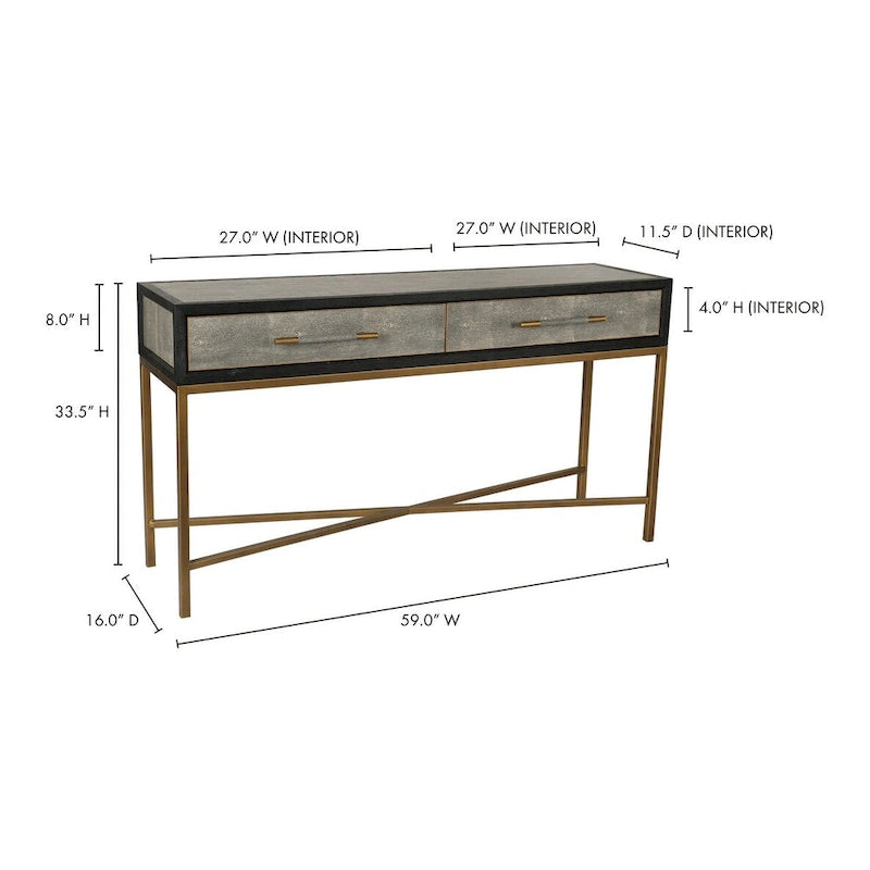 Console Art Déco | Cadre en chêne massif avec accents en laiton et plateau en galuchat
