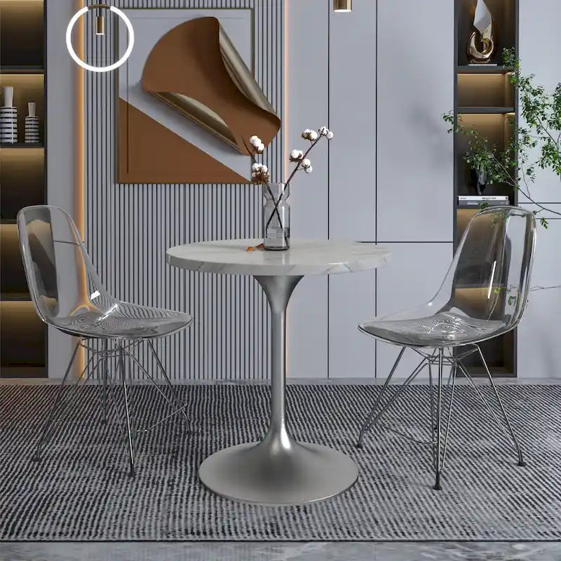 Table à manger ronde en pierre frittée de 27" avec pied central en acier brossé